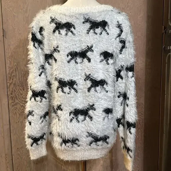 Lauren Michelle Black White Horse Super Soft Sweater Sz Medium Ribbed Bottom - Picture 4 of 5